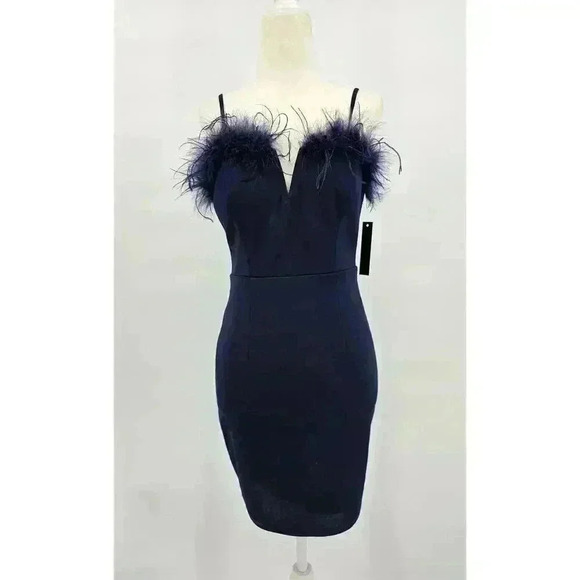 Xtraordinary Junior's Size 5 Midnight Blue Bodycon Dress with Feather Trim NWT - Picture 1 of 10